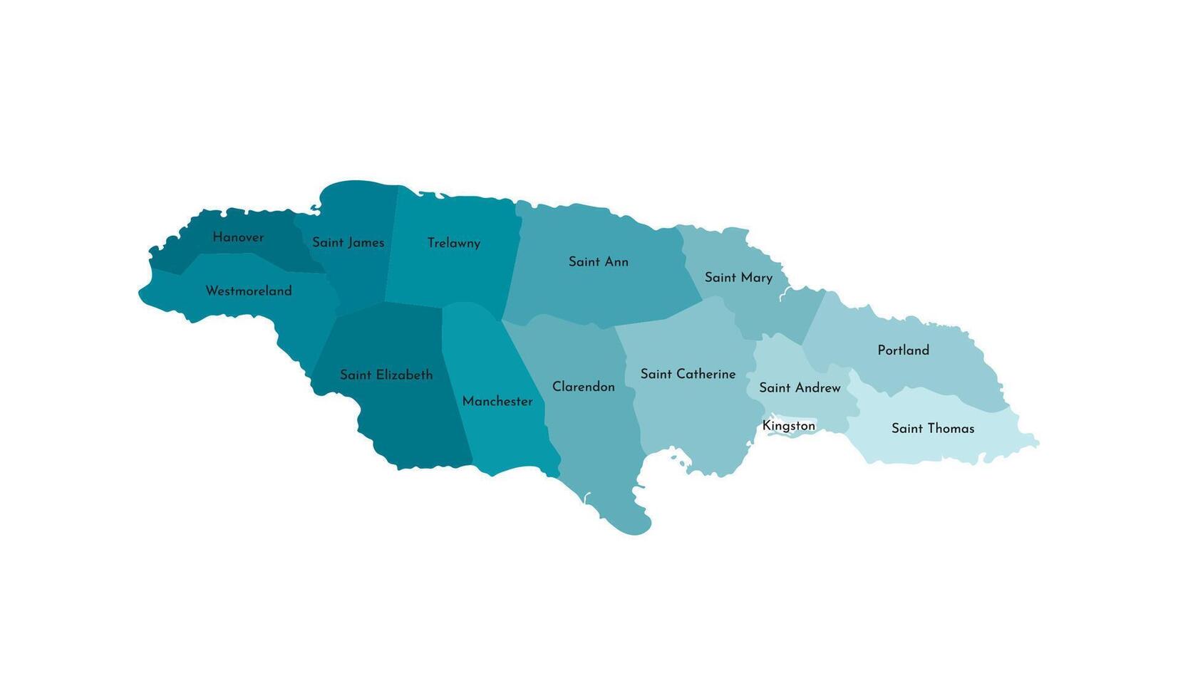 Map of Jamaica showing all 14 parishes